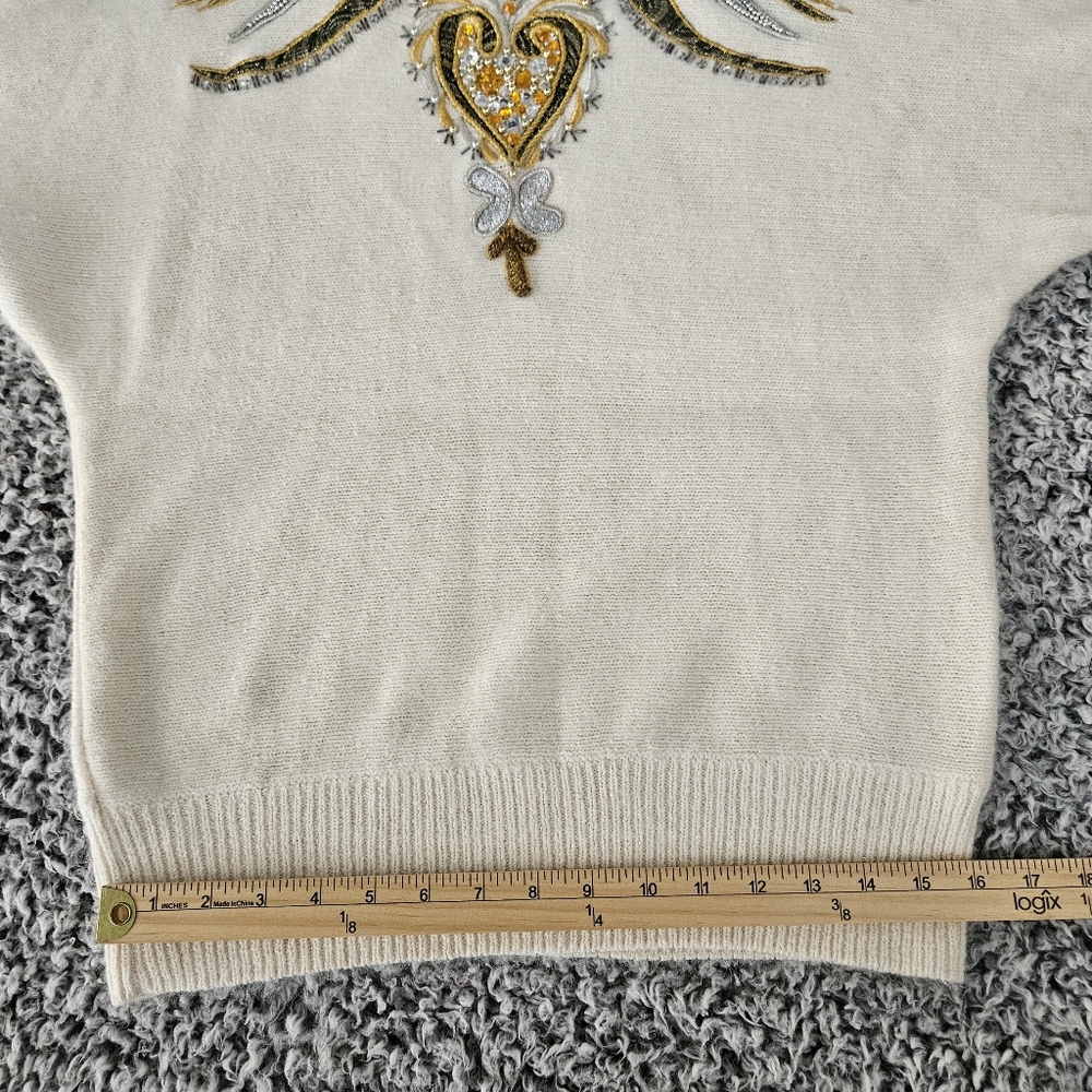 Vintage Cedars Angora Silk Wool Sweater Small Embellished 80s 90s Off White Gold - Picture 12 of 14